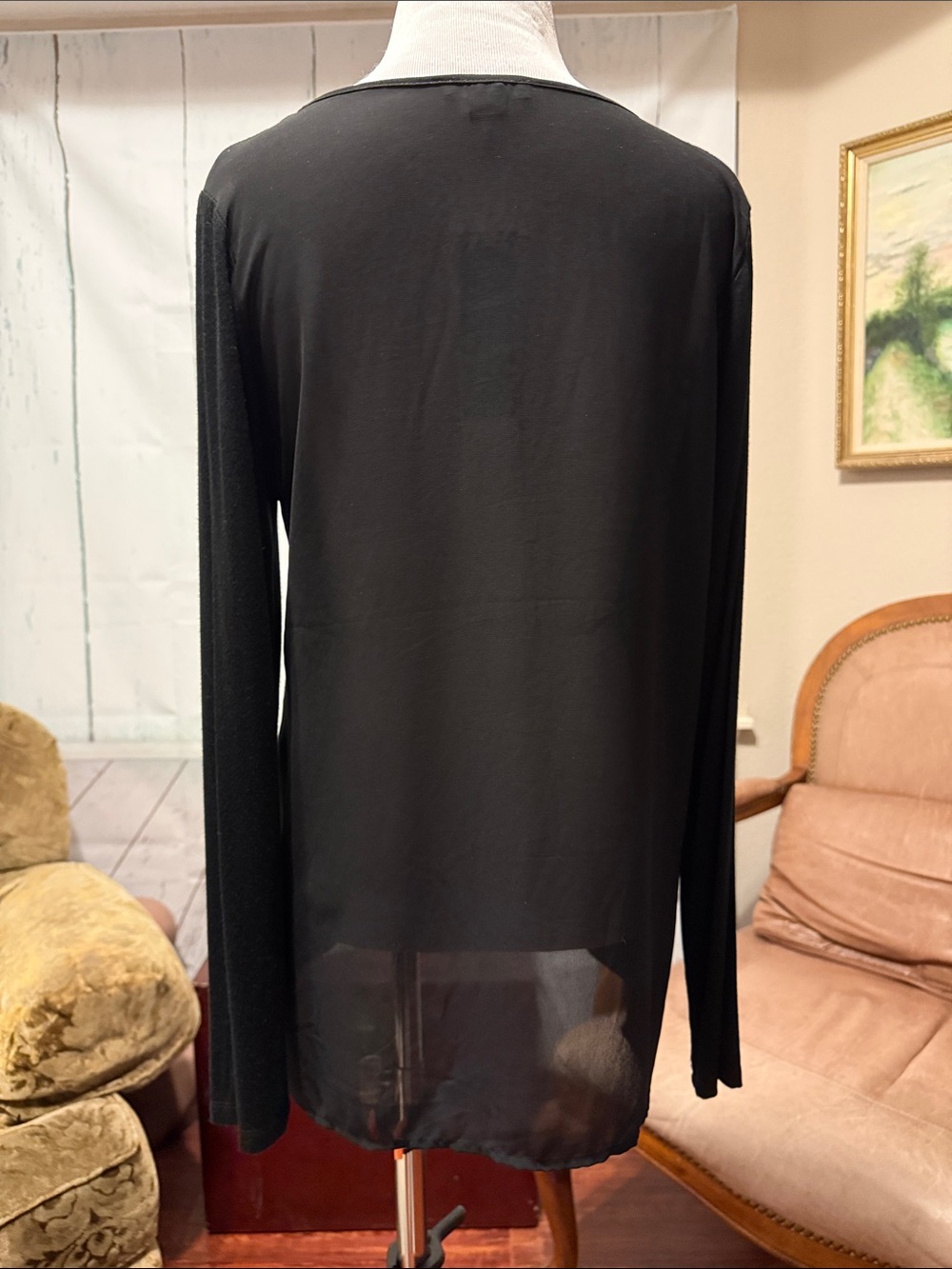 ISSI Black Long-Sleeve V-Neck Blouse with Sheer Front Pockets and Back New - Picture 3 of 8
